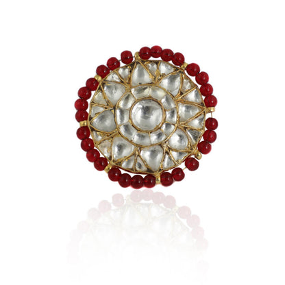 Red Moti Work White Jadtar Stone Ring