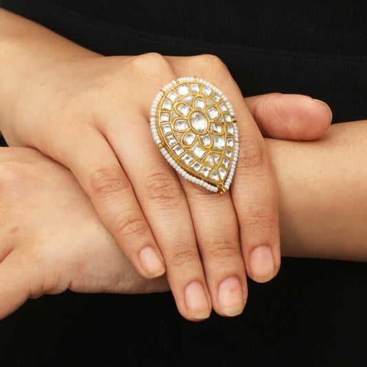 White Moti With Jadtar Stone Ring