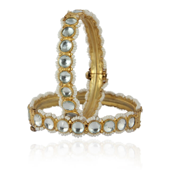 White Jadtar Stone Bangles In Moti Work( Pair)