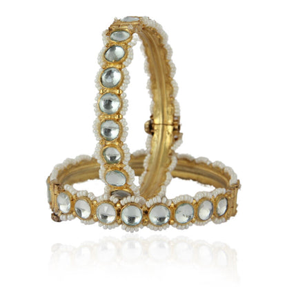 White Jadtar Stone Bangles In Moti Work( Pair)