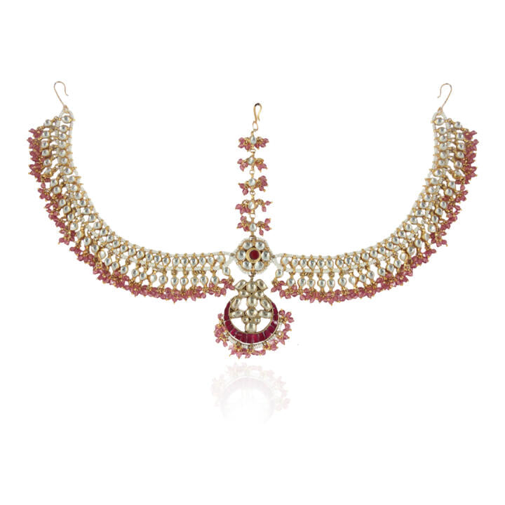 Pastel Pink And White Jadtar Stones Mathapatti