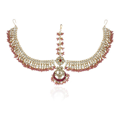 Pastel Pink And White Jadtar Stones Mathapatti