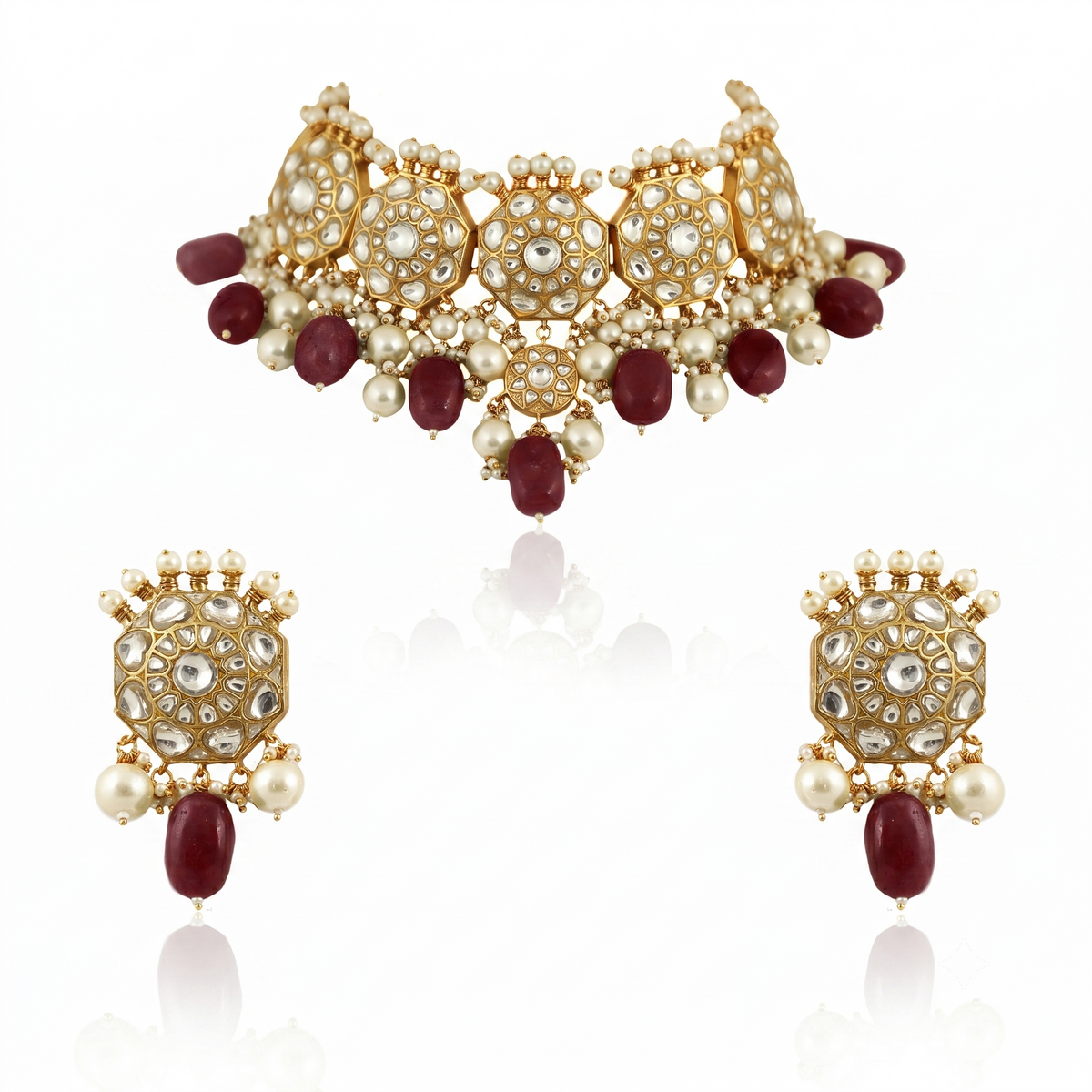 Traditional 22Kt Choker Neckace Set Studded With White Jadtar Stones And Sea Green Beads With Pearls