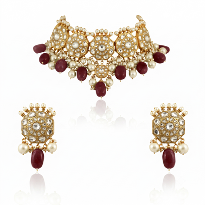 Traditional 22Kt Choker Neckace Set Studded With White Jadtar Stones And Sea Green Beads With Pearls
