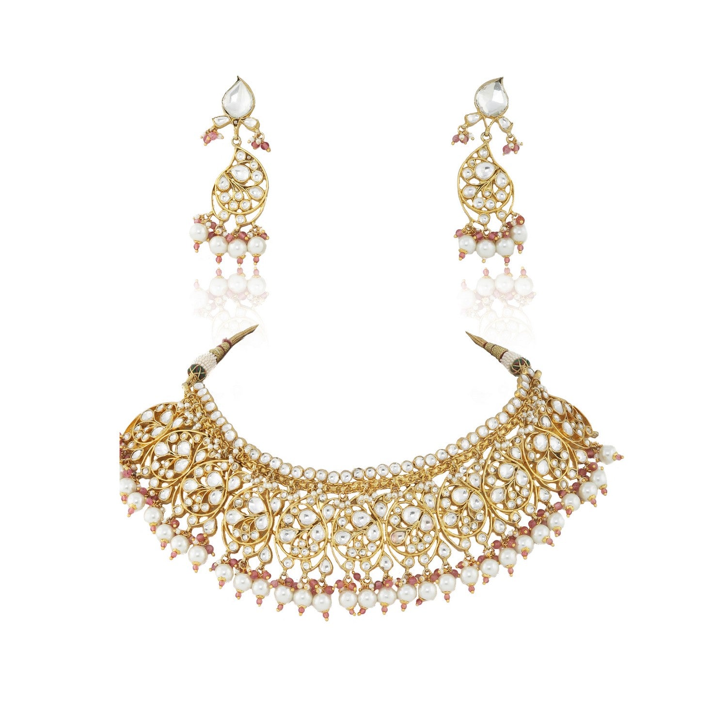 WHITE SMALL STONE OVAL MOTIVES NECKLACE SET WITH PEARL AND LIGHT PINK  HANGINGS