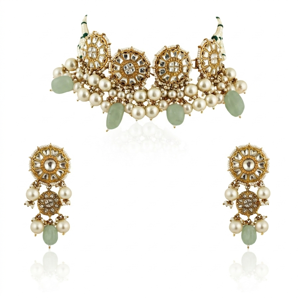 Necklace In 22Kt Gold Plating Studded With White Jadtar Stones And Beaded In Pastel Pink And White Beads