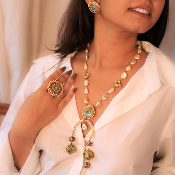Baroque Pearl & Nepalese Beads Firozi White Jadtar Stone Long Necklace With Studs