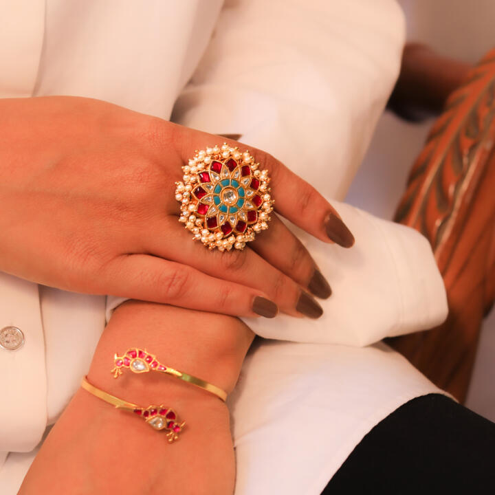 Riana Traditional Handcrafted Floral Design Rice Pearl Gold Plated Pink And Sky Blue Ring