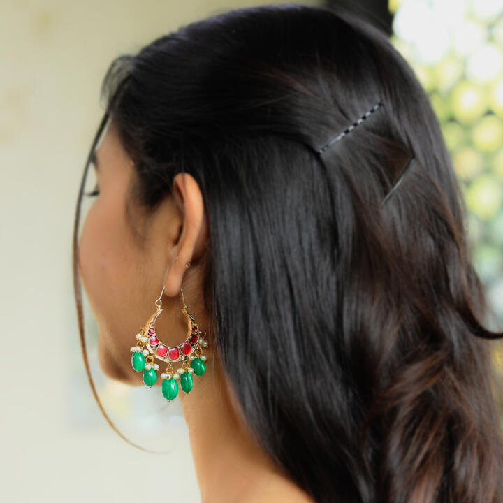 Riana Traditional Gold Plated Green Beads Pink & Green Stone Chandbaali