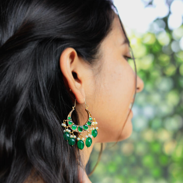 Riana Traditional Gold Plated Green Beads Pink & Green Stone Chandbaali