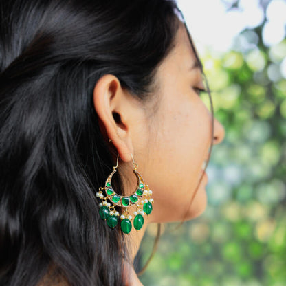 Riana Traditional Gold Plated Green Beads Pink & Green Stone Chandbaali