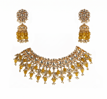 Sea Green White Jadtar Stone Fish Necklace Set With Jhumki
