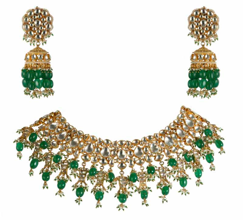 Sea Green White Jadtar Stone Fish Necklace Set With Jhumki