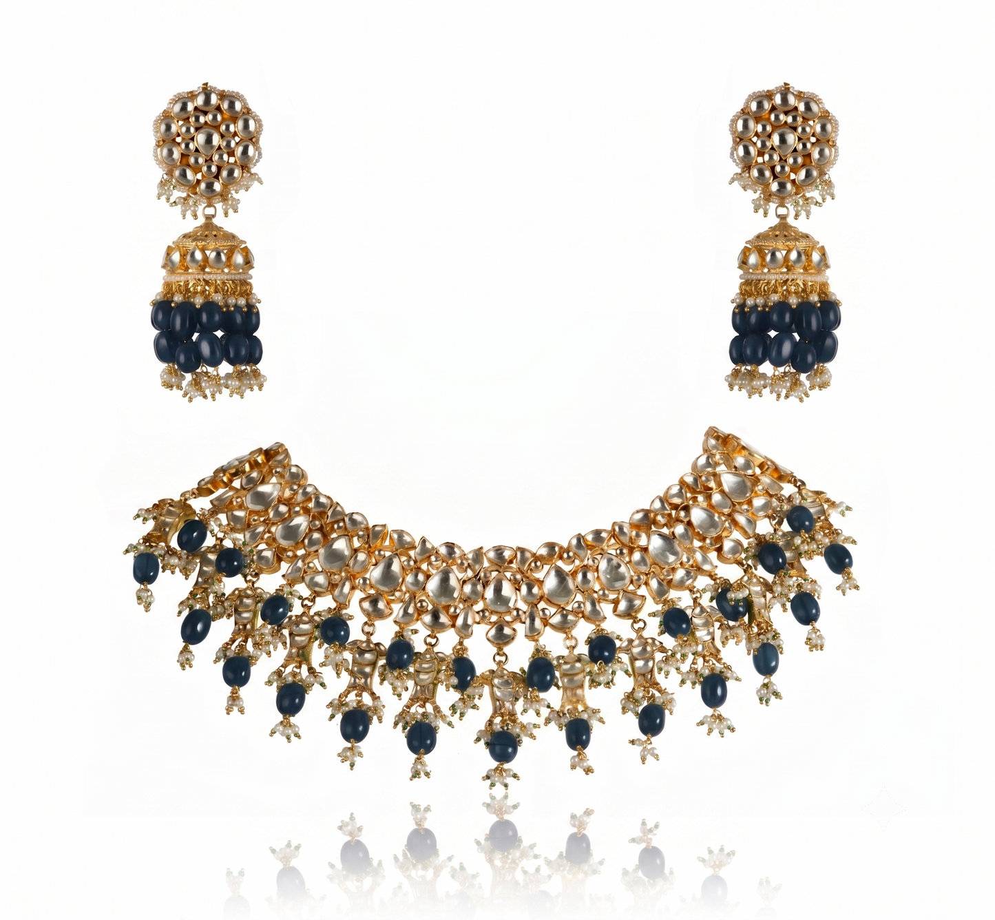 Sea Green White Jadtar Stone Fish Necklace Set With Jhumki