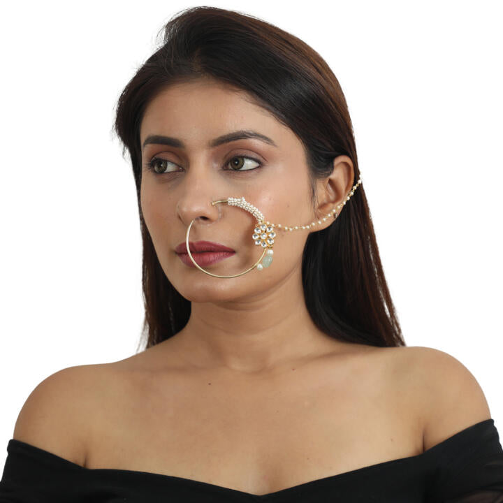 Rajasthani Traditional Nosering In 22Kt Gold Plating With Pearls And Sea Green Hanging