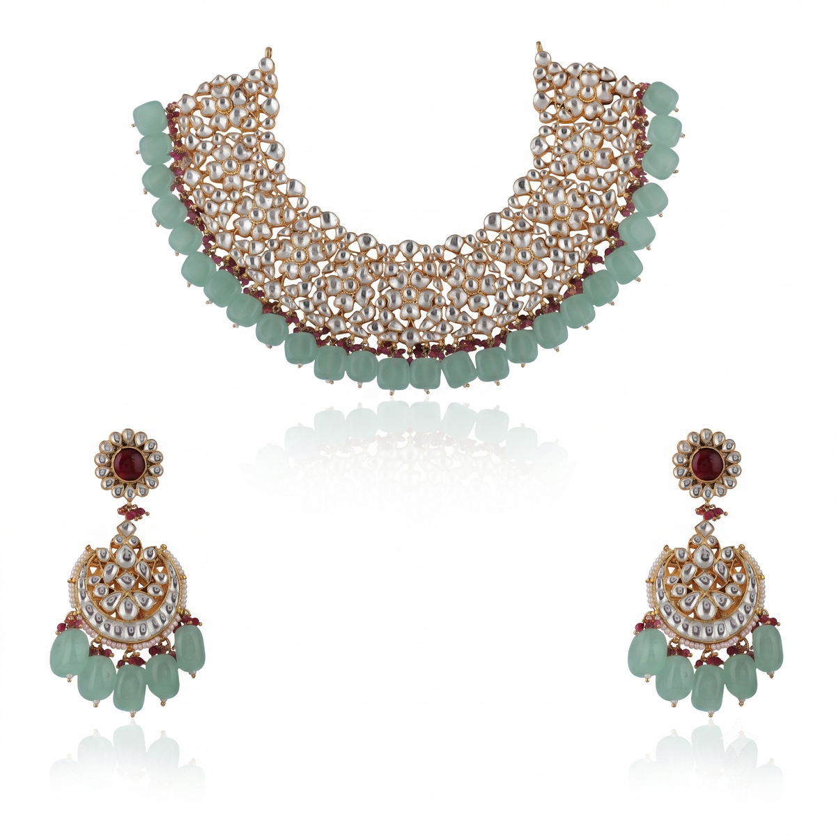 Light Pink Beads White Jadtar Necklace Set