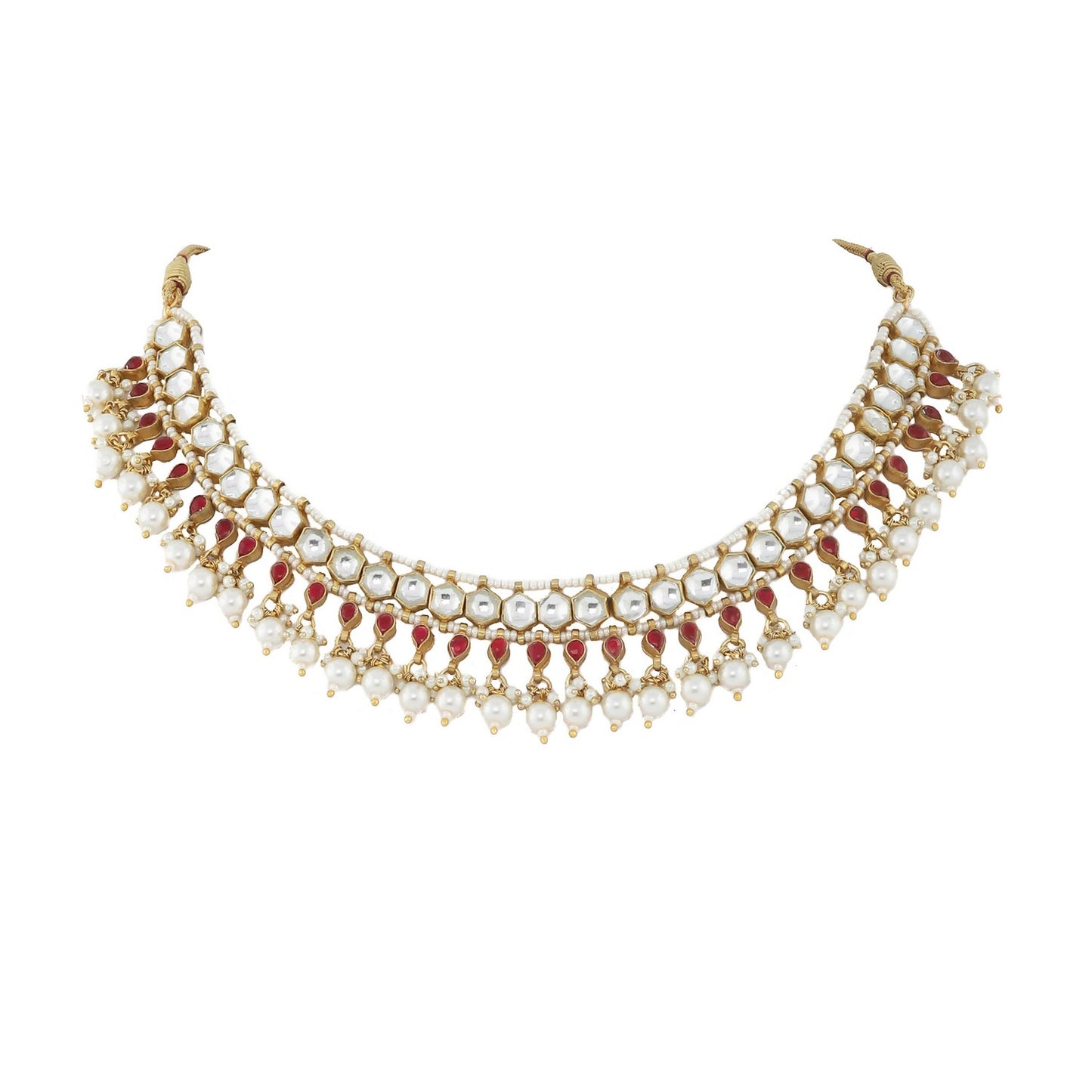 RED AND WHITE SMALL JADTAR STONE SINGLE LINE NECKLACE WITH PEARL