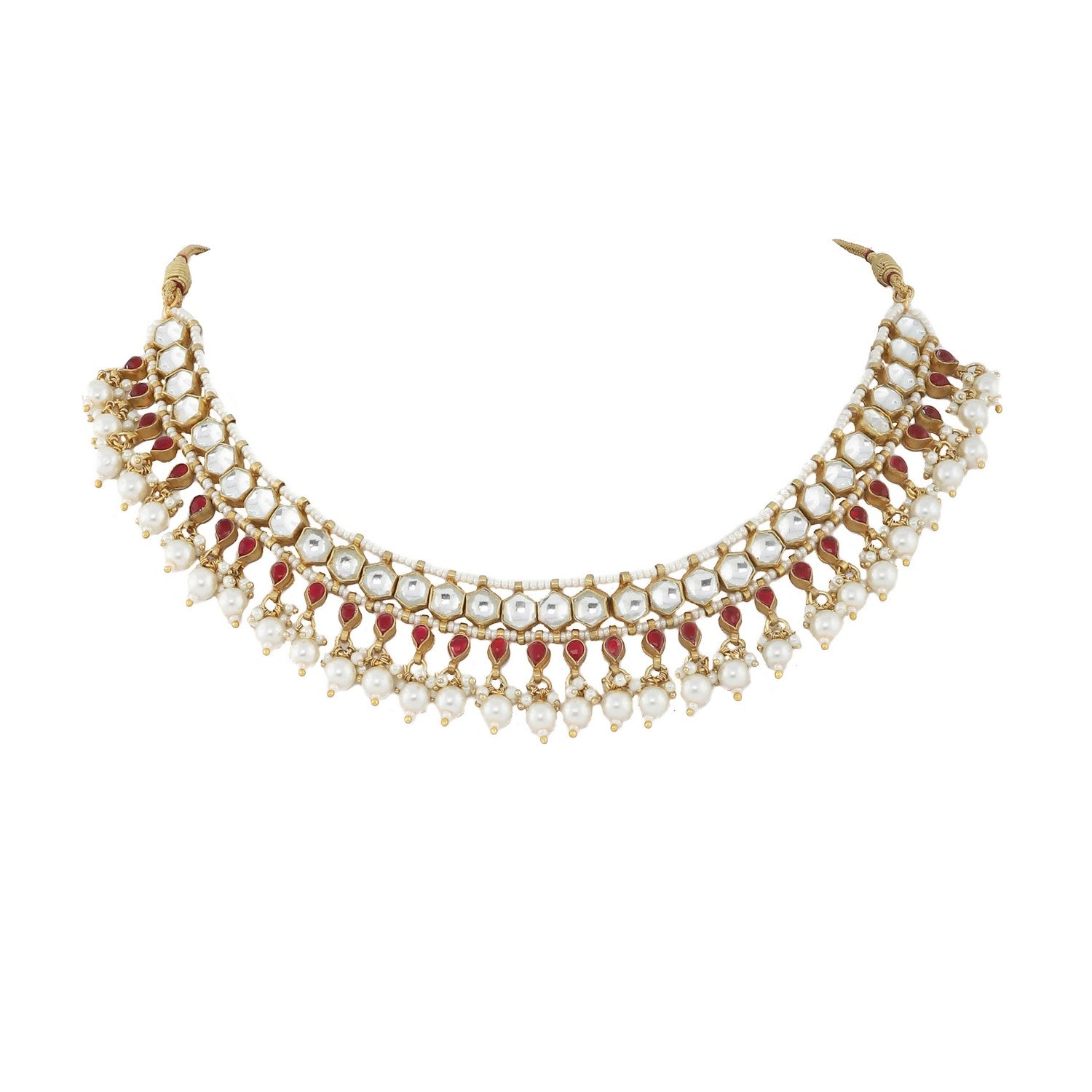 RED AND WHITE SMALL JADTAR STONE SINGLE LINE NECKLACE WITH PEARL