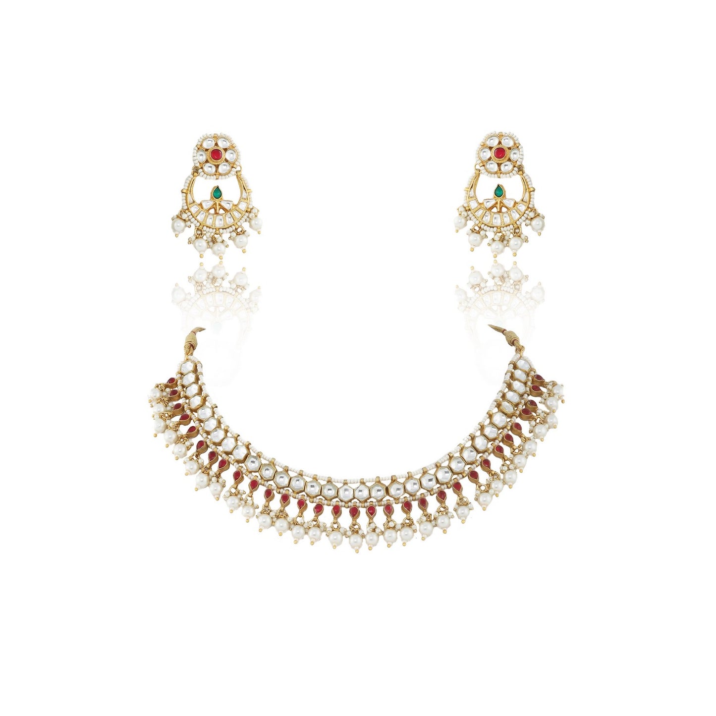 RED AND WHITE SMALL JADTAR STONE SINGLE LINE NECKLACE WITH PEARL