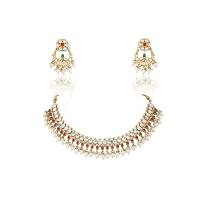 RED AND WHITE SMALL JADTAR STONE SINGLE LINE NECKLACE WITH PEARL