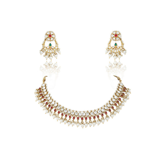 RED AND WHITE SMALL JADTAR STONE SINGLE LINE NECKLACE WITH PEARL
