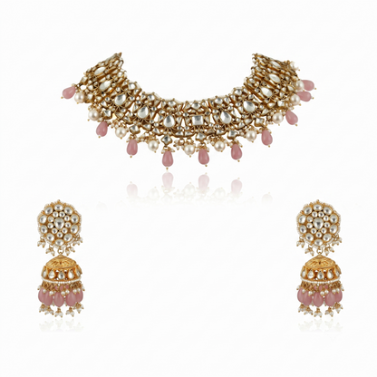 Choker Necklace Set With Pearl And Emerald  Beads, Studded With White Jadtar Stones