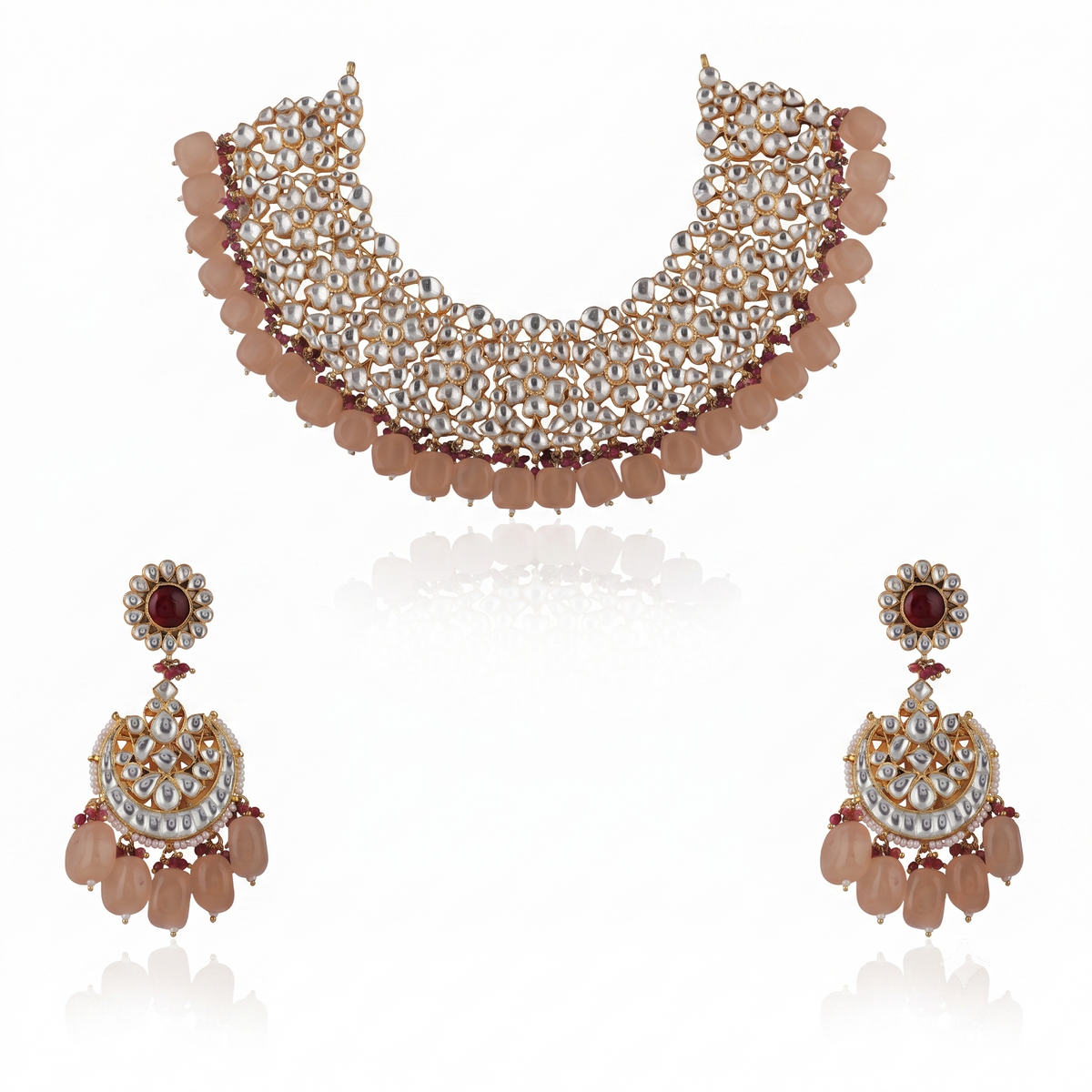 Light Pink Beads White Jadtar Necklace Set