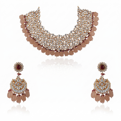 Light Pink Beads White Jadtar Necklace Set