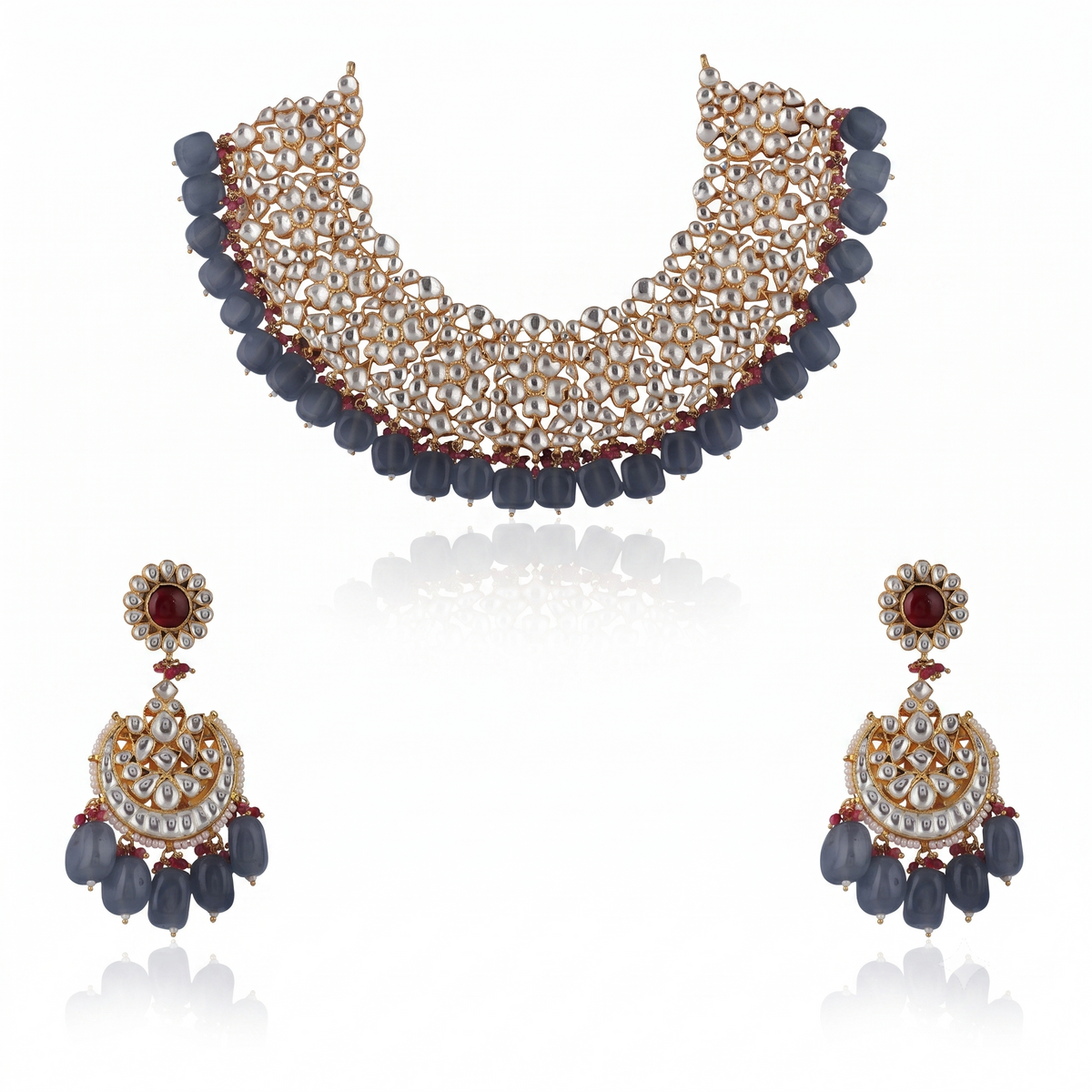 Light Pink Beads White Jadtar Necklace Set