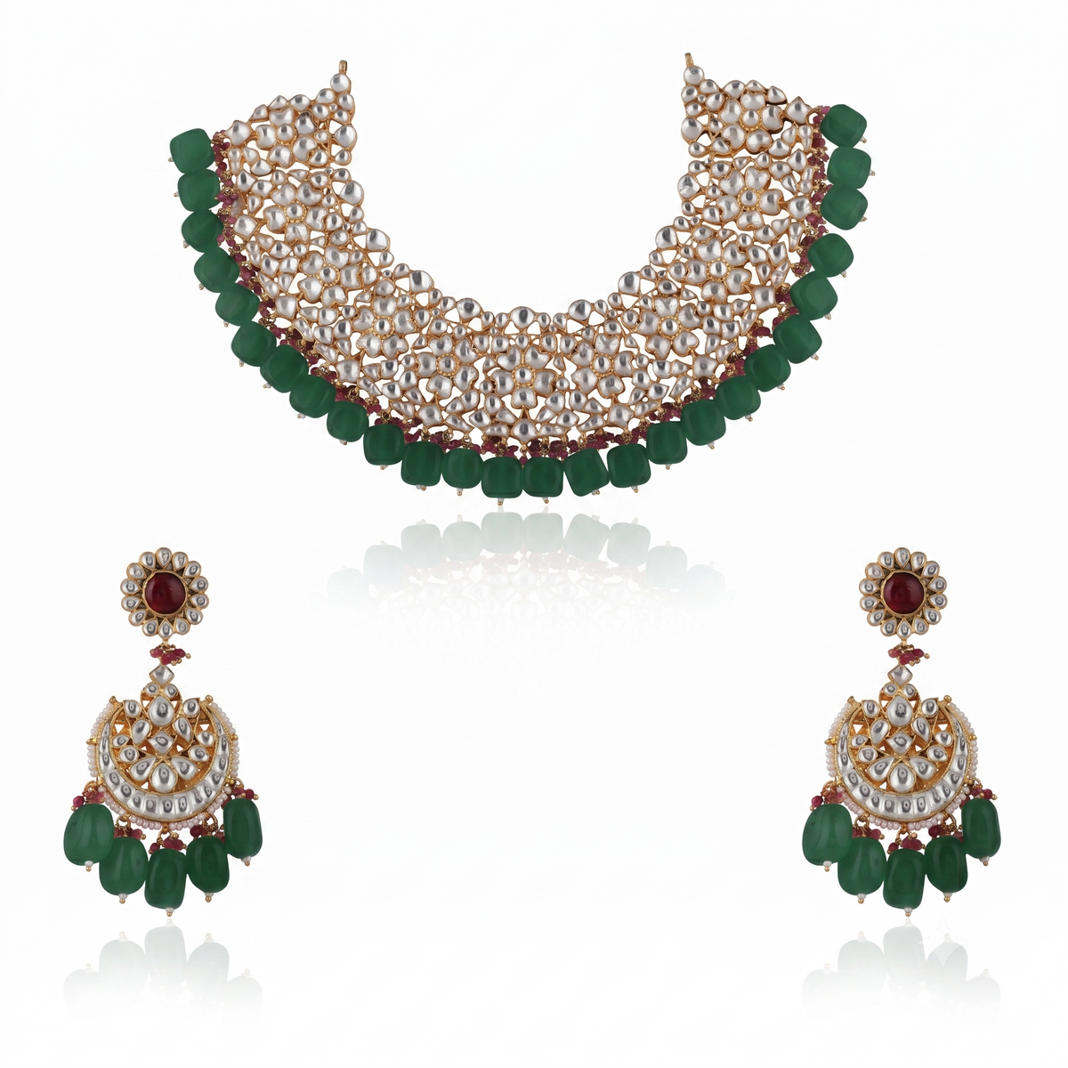 Light Pink Beads White Jadtar Necklace Set