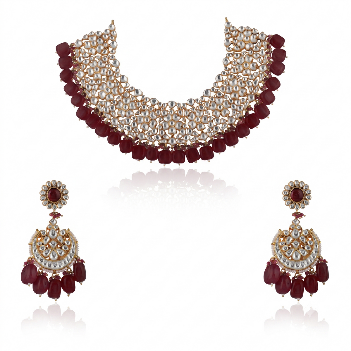 Light Pink Beads White Jadtar Necklace Set