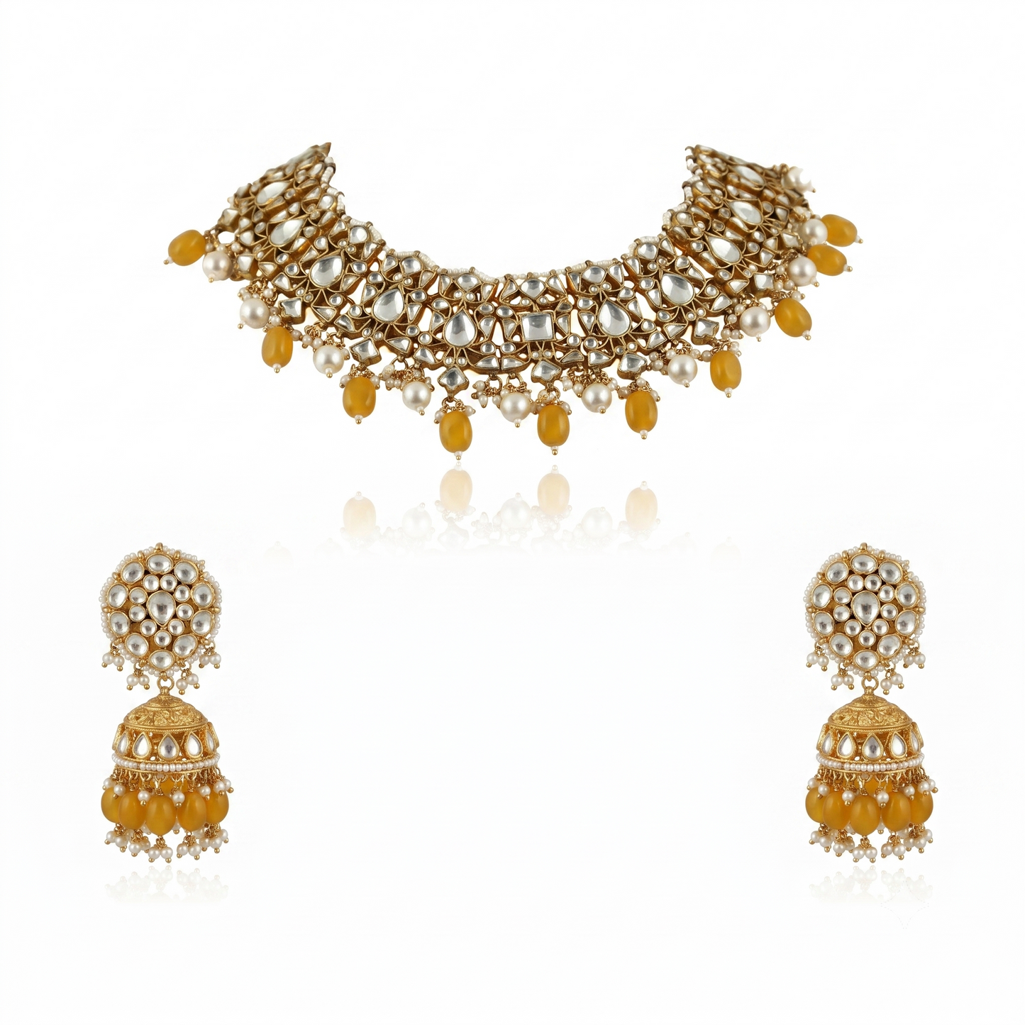 Choker Necklace Set With Pearl And Emerald  Beads, Studded With White Jadtar Stones