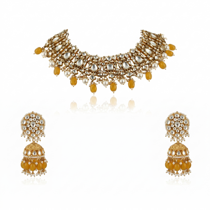 Choker Necklace Set With Pearl And Emerald  Beads, Studded With White Jadtar Stones