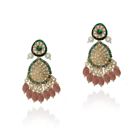 Green Meenakari Earrings With Pastel Pink Beads