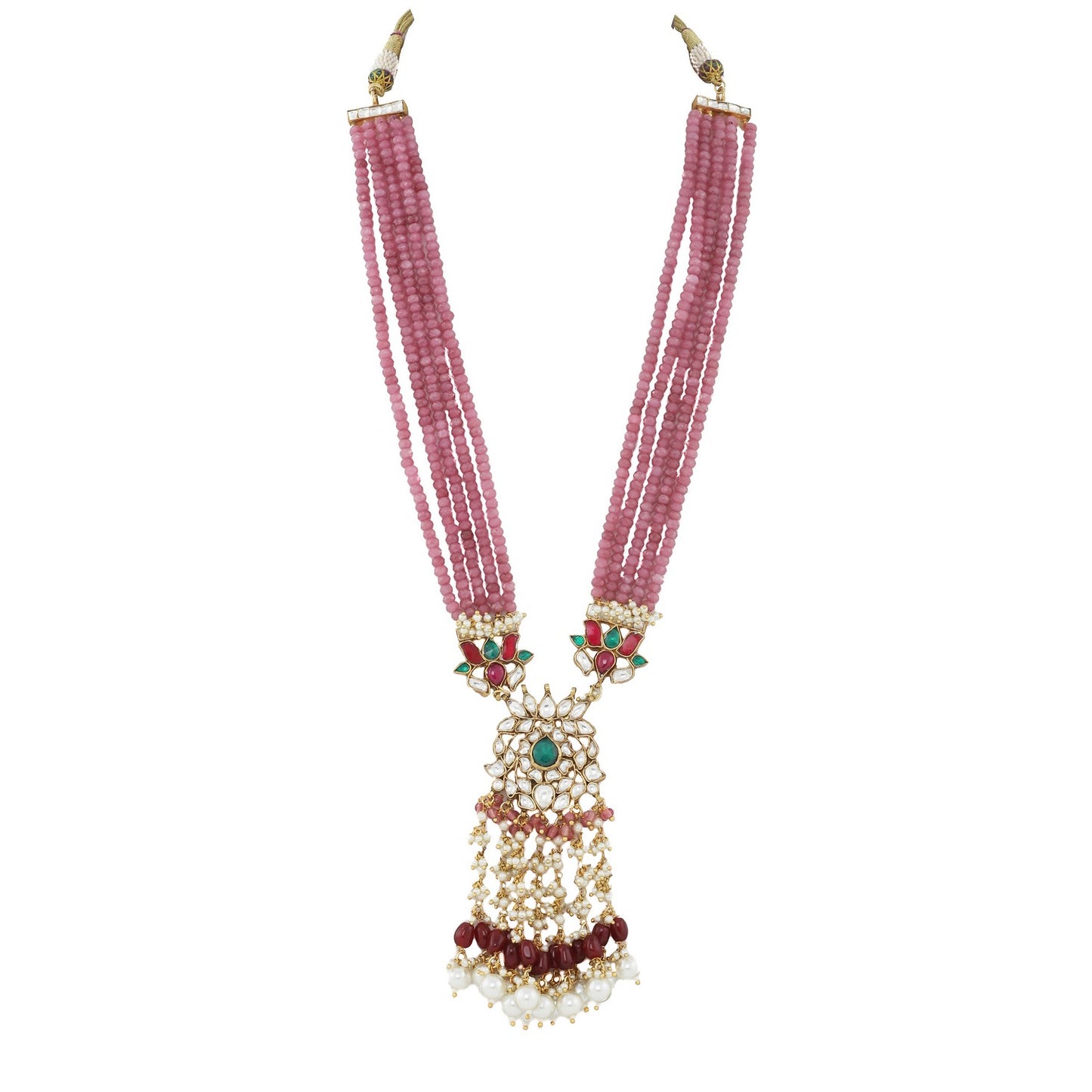long pink string pendant necklace with green, white and red stones