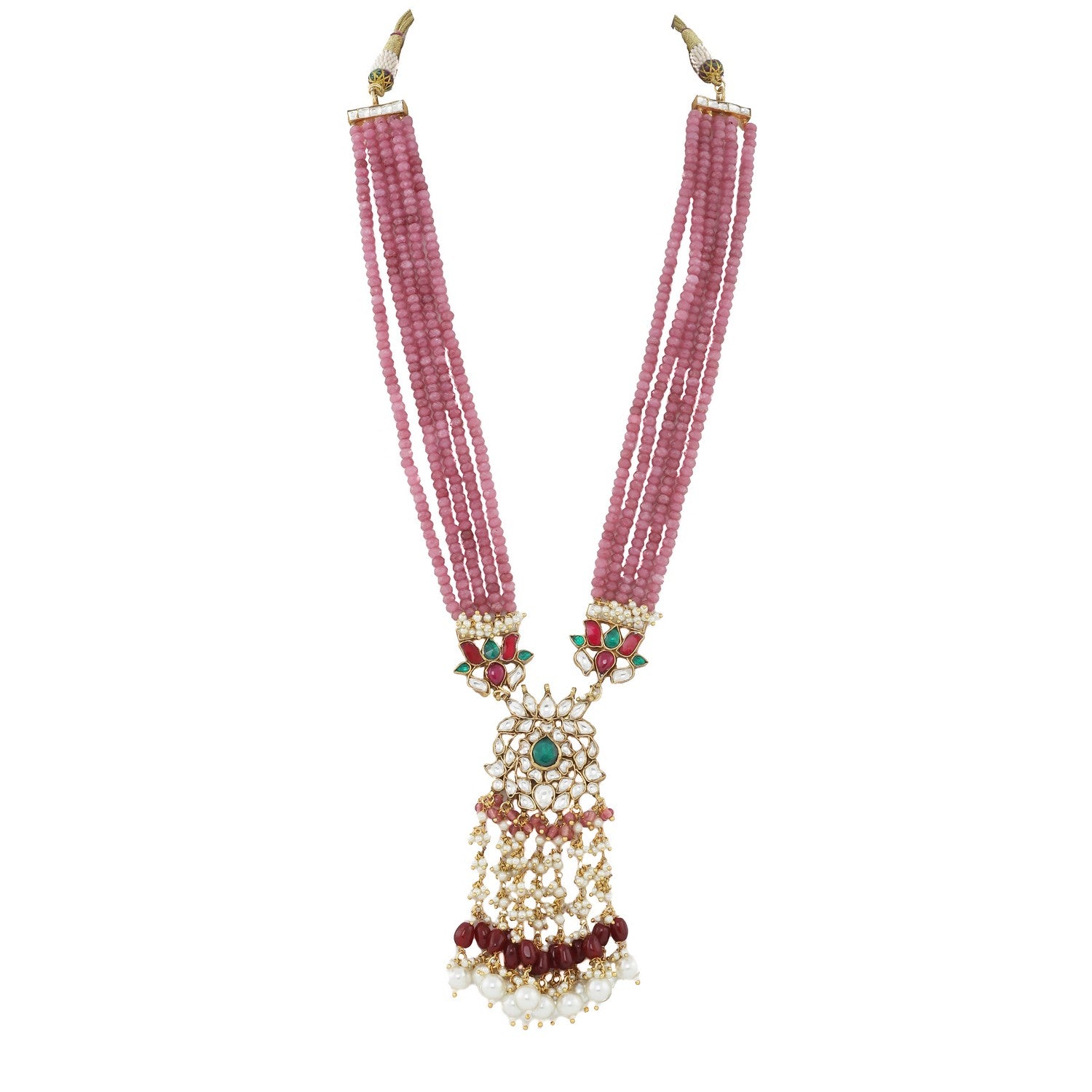 long pink string pendant necklace with green, white and red stones