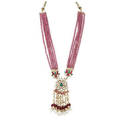 long pink string pendant necklace with green, white and red stones