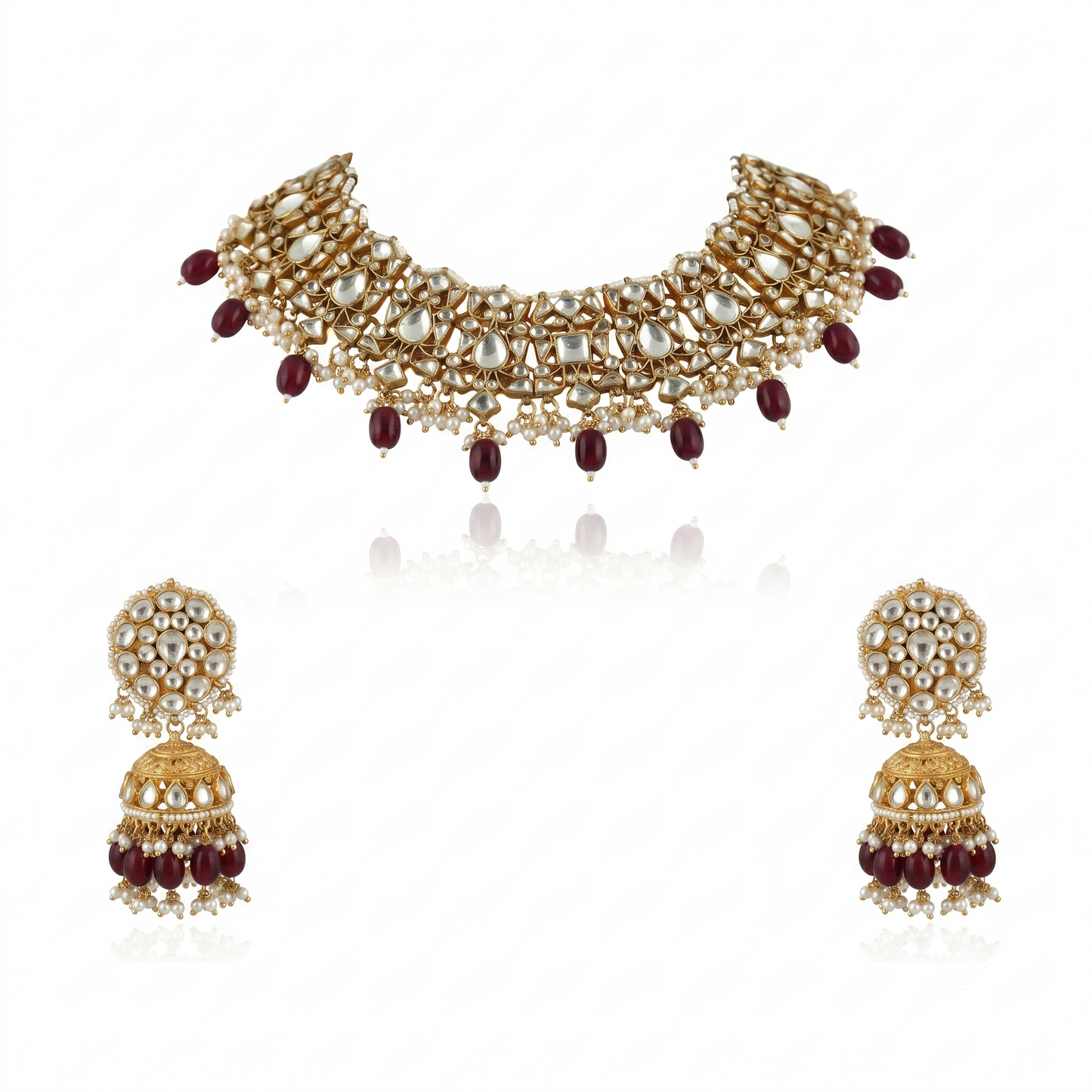 Choker Necklace Set With Pearl And Emerald  Beads, Studded With White Jadtar Stones