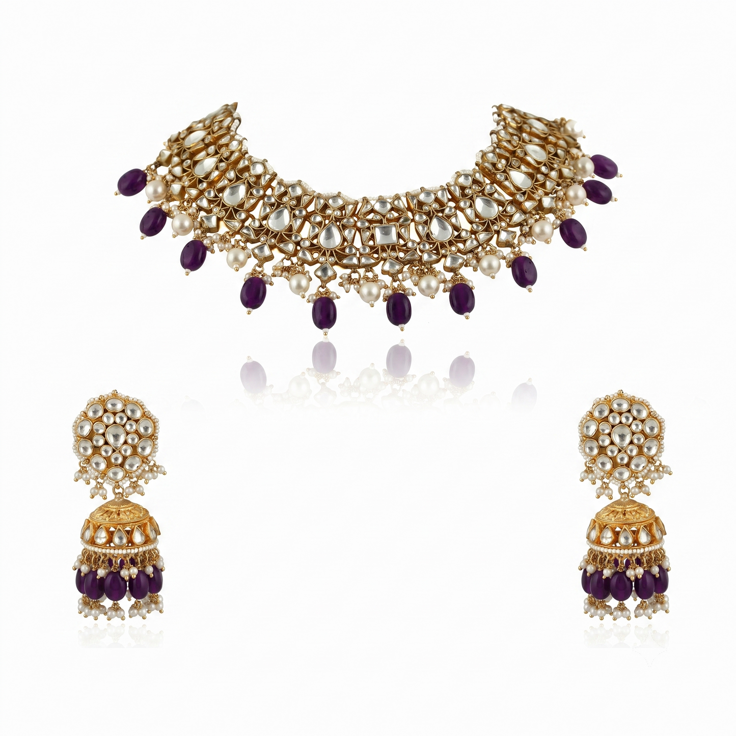 Choker Necklace Set With Pearl And Emerald  Beads, Studded With White Jadtar Stones