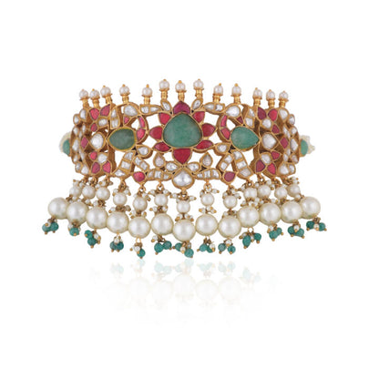 Gold Finish Multicolored Choker Set With White Pearl