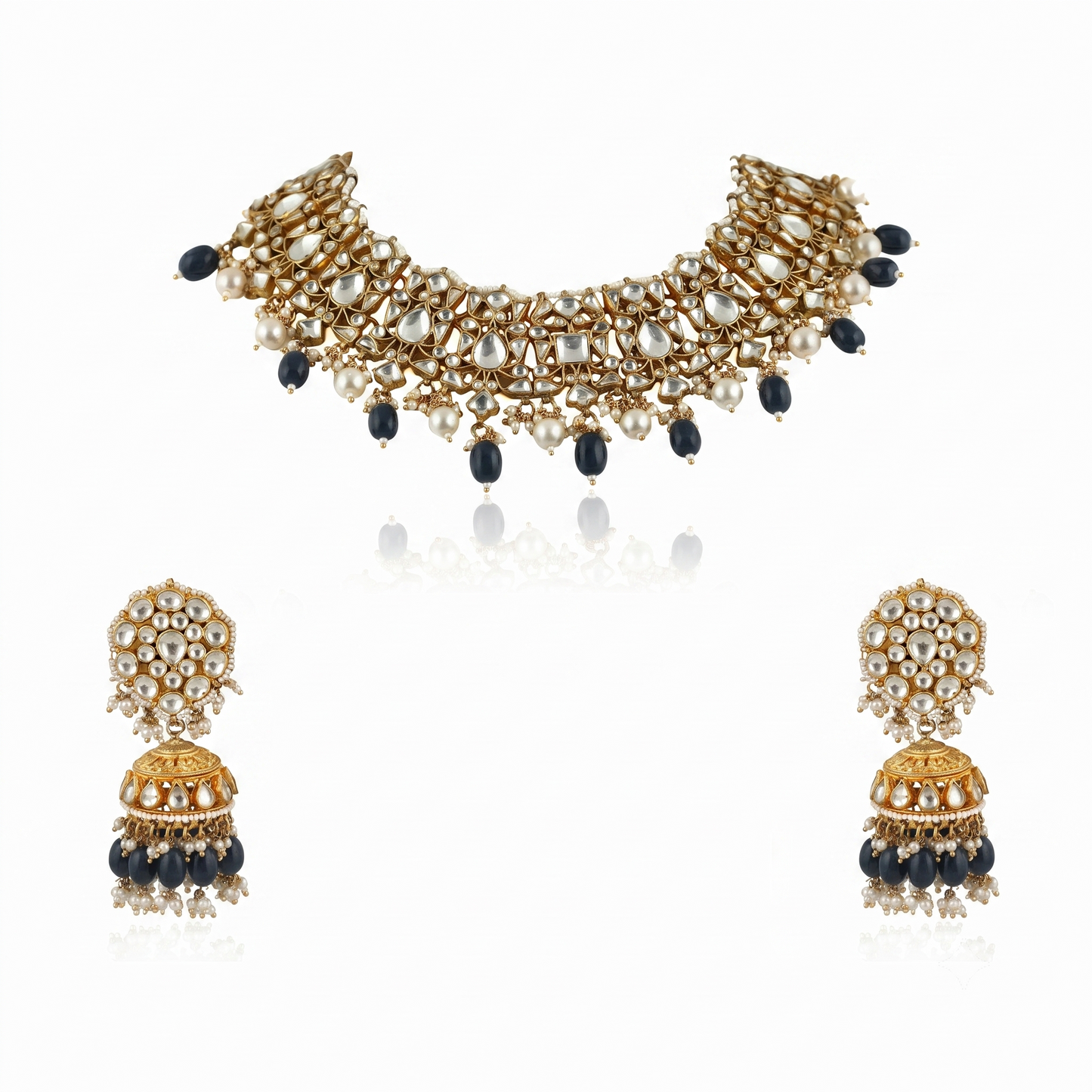 Choker Necklace Set With Pearl And Emerald  Beads, Studded With White Jadtar Stones