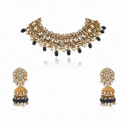 Choker Necklace Set With Pearl And Emerald  Beads, Studded With White Jadtar Stones