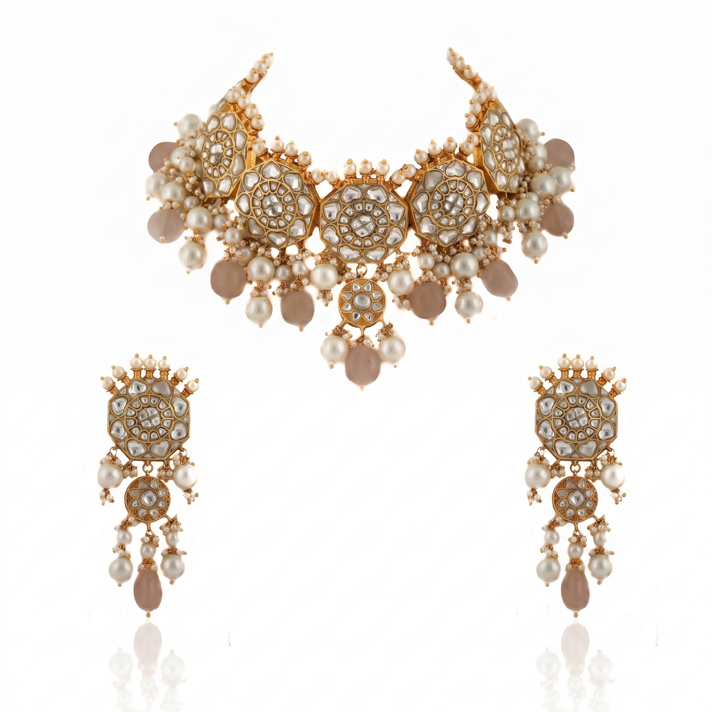 White Jadtar Stone Necklace Set Light Pink Beads With Peral