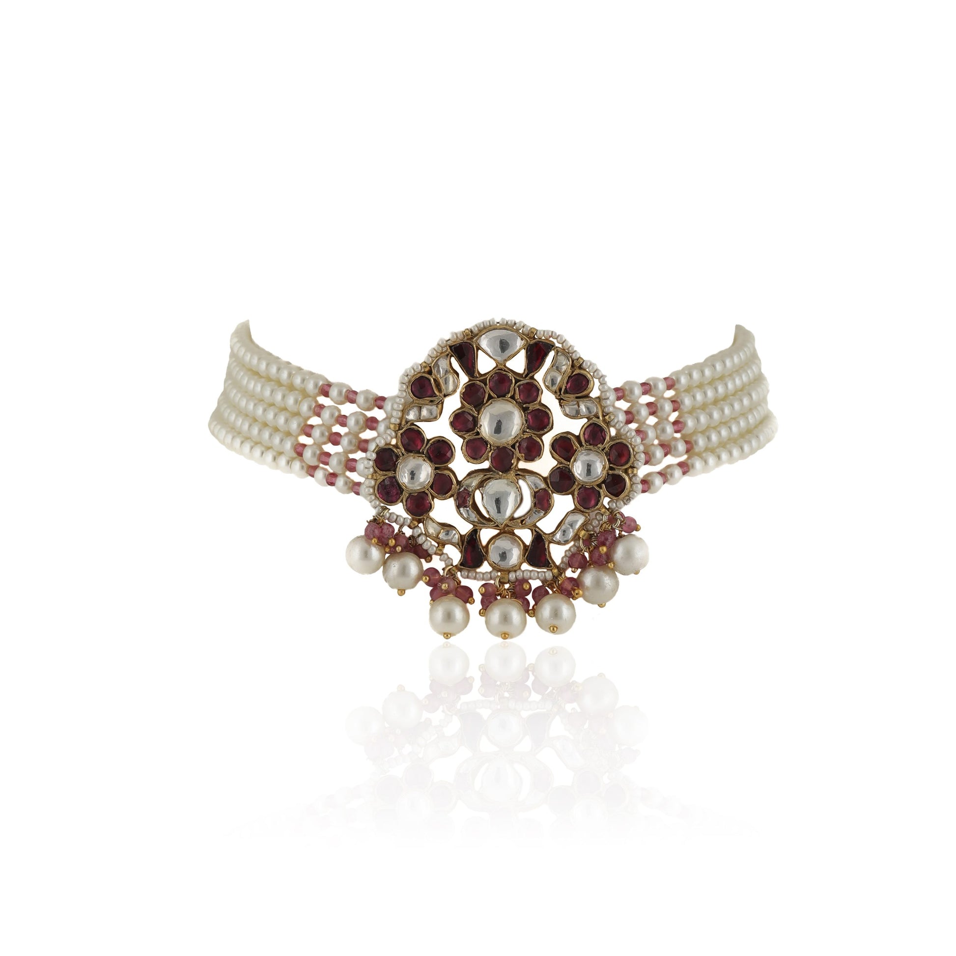 CHOKER NECKLACE IN PINK STONES WITH PEARLS