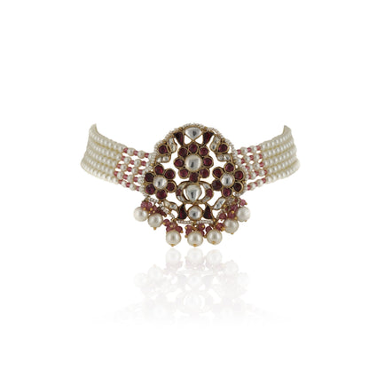 CHOKER NECKLACE IN PINK STONES WITH PEARLS