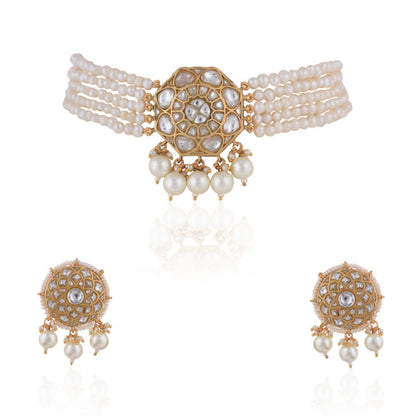 22 Kt Gold Plated White Pearl Handcrafted Choker Necklace Set