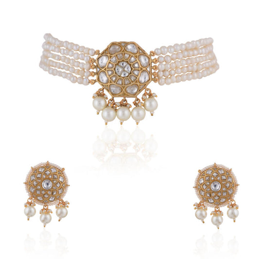 22 Kt Gold Plated White Pearl Handcrafted Choker Necklace Set