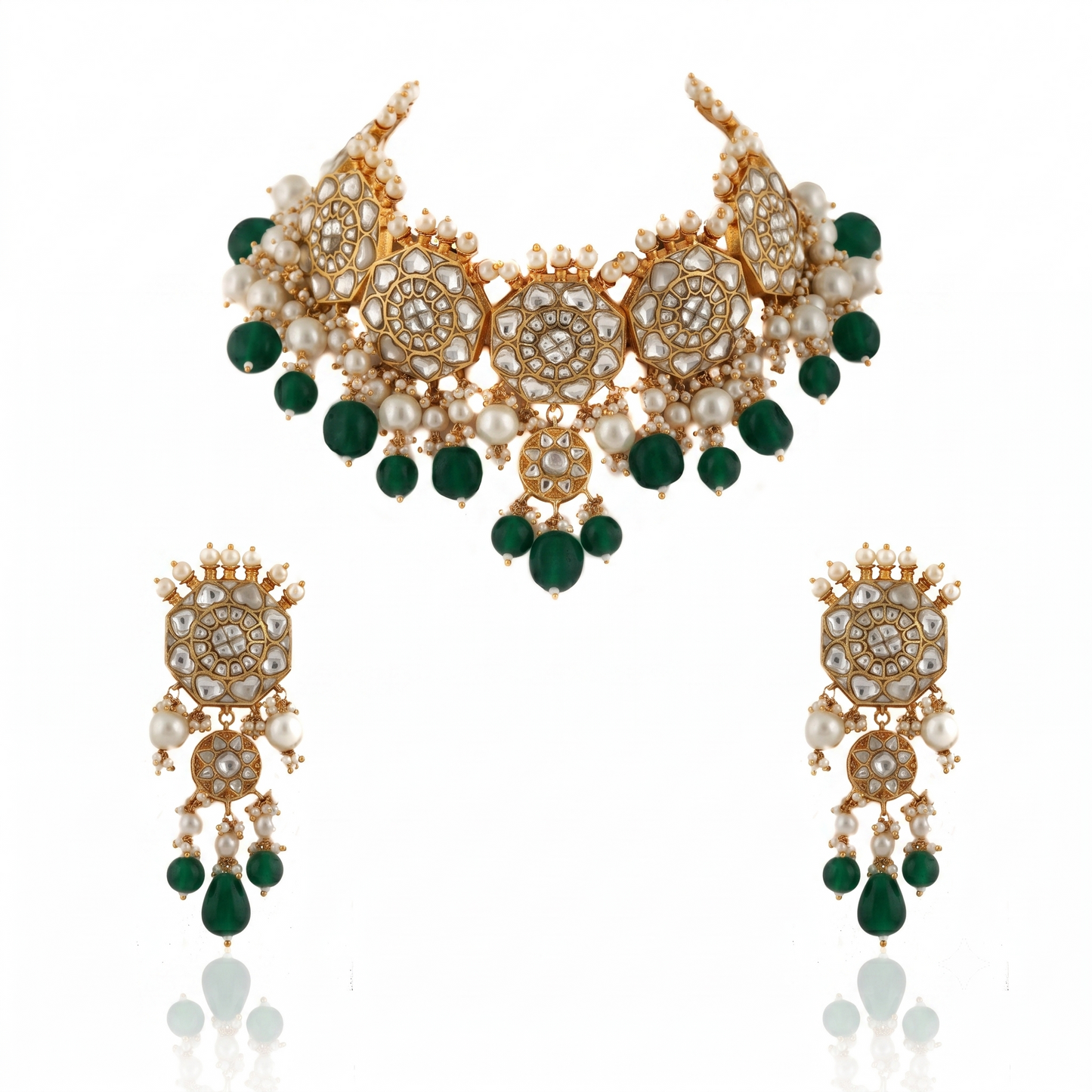 White Jadtar Stone Necklace Set Light Pink Beads With Peral