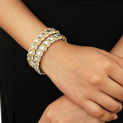 White Jadtar Stone Bangles In Moti Work( Pair)