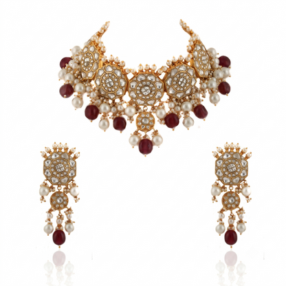 White Jadtar Stone Necklace Set Light Pink Beads With Peral